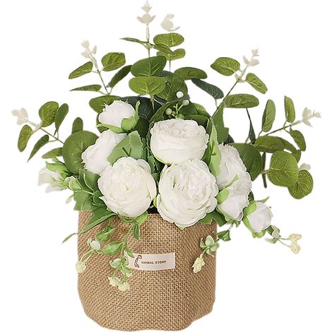 [Suspension murale en lin blanc avec pivoines et eucalyptus] Sac suspendu en lin avec pivoines et roses artificielles, idéal pour la décoration florale de mariage et d'intérieur. Composition florale a (1/2)