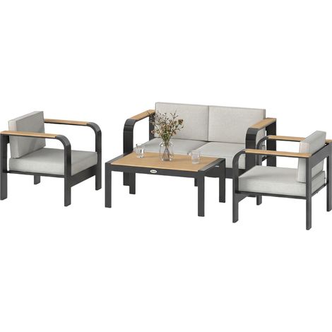Salon de jardin aluminium 4 places canapé 2 fauteuils table d'appoint hydrofuge extra profond
