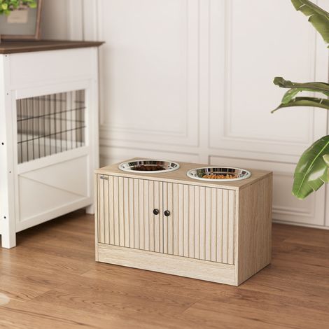 Gamelles pour chiens surélevées porte-gamelles avec rangement de 40L, 2 bols en acier inoxydable 60 x 30 x 35,5 cm chêne (1/5)