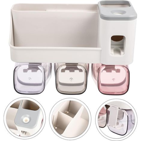 Wall Mounted Toothbrush Holder with Automatic Toothpaste Dispenser, Bathroom Accessories Storage Rack, 3 Cups (1/4)