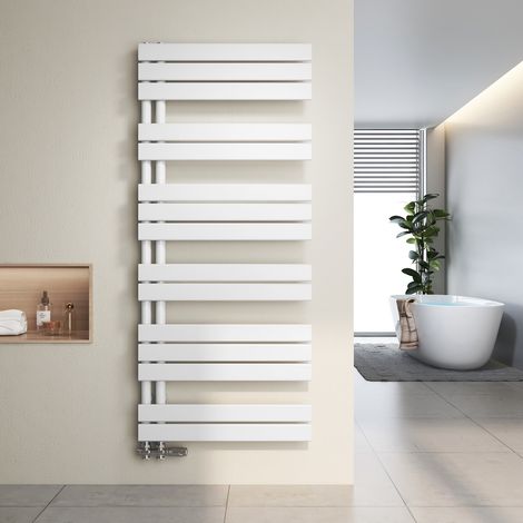 Heilmetz Radiador toallero de agua caliente 138,5 x 50 cm, 798 W, Blanco, Diseño asimétrico, Tubos planos, Conexión lateral