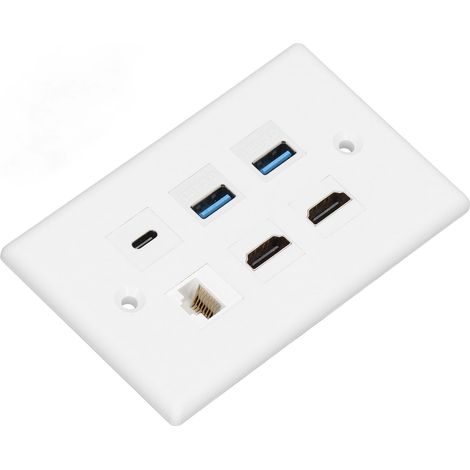 Plaque murale 6 ports : 2 interfaces multimédias HD, 2 ports USB 3.0, 1 port USB-C, 1 port Ethernet Cat6 pour TV, projecteur et ordinateur. (1/5)