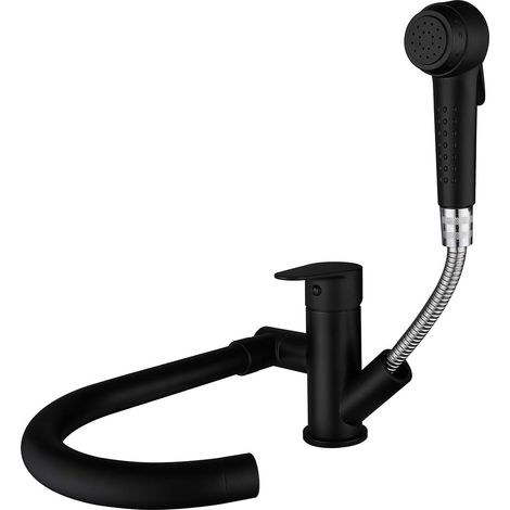 Mitigeur de cuisine escamotable avec pomme de douche, robinet mélangeur laiton noir, eau chaude et froide, orientable (1/5)