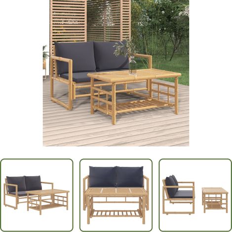 Bambusmöbel - 2-tlg. Garten-Lounge-Set mit Dunkelgrauen Kissen Bambus (1/5)
