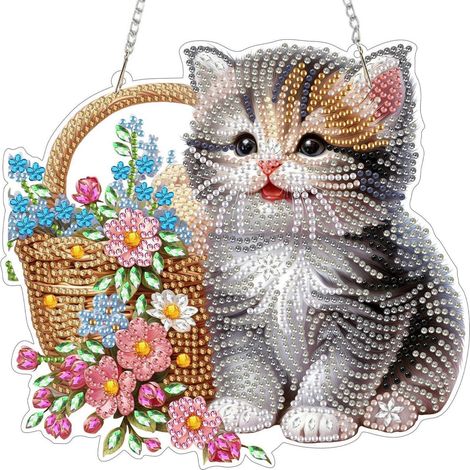 Diamant Painting Fensterbild Katze mit Blumen, Hängende Dekoration, Bastelset (1/4)
