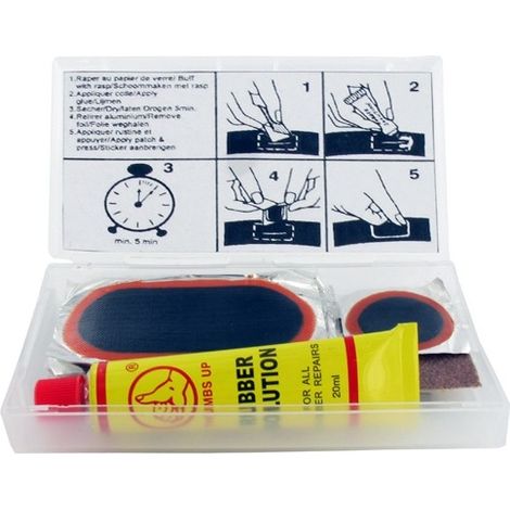 Kit réparation chambre à air SHAK avec 5 rustines diamètre 70x32 mm et 2 rustines 30 mm + colle et abrasif (1/2)