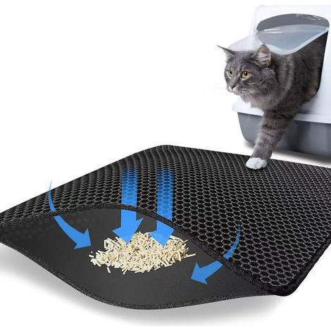 Tapis pour bac à litière - Tapis pour chat - Fond imperméable double couche - Fermeture velcro - Structure alvéolée - Noir - 45 x 60 cm - EVA (1/2)