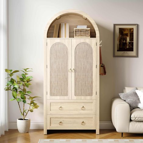 Buffet arqué en rotin Style rétro  80 x 40 x 180 cm Buffet en bois avec deux portes de rangement, tiroirs et étagères - Chêne (1/5)