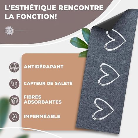 Tapis entrée intérieur 75x30 cm avec cœurs Lavable en Machine, antidérapant, Absorbant, adapté sous Porte et Usage extérieur (1/3)