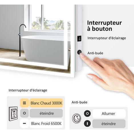 EMKE Miroir de salle de bain 120x60cm, Miroir LED avec Interrupteur à bouton, Anti-buée, Miroir avec éclairage lumière Blanche Froide/Chaude