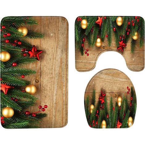 Tapis De Salle De Bain - Lot De 3 Pièces Tapis Antidérapant En PVC - Motif Noël - Pour Salle De Bain Intérieure - 1x Tapis De Baignoire 60x90 Cm 1x Coussin De Toilette 35x45 Cm 1x Tapis De Sol 45x75 C