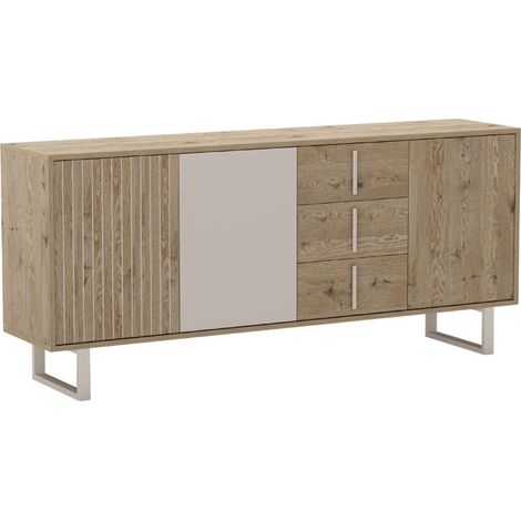 Buffet 3 portes 3 tiroirs en mélaminé imitation bois et beige piètement et poignées métal - MYRINE (1/5)