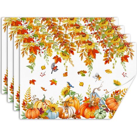 Lot de 4 Sets de Table Citrouille Feuille d’Érable d’Automne, sous Assiette de Table Oiseau, Dessous Assietter Lavable Absorbant en Lin pour Cuisine, Salle à Manger, Fêtes Décoration 30x45cm (1/5)