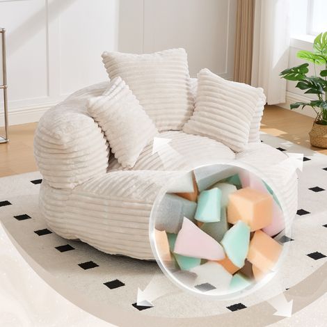 Neche Fauteuil Pouf Relax en Velours Côtelé Beige,Assise Moelleuse avec 3 Coussins,Fauteuil Cocoon Nuage Sans Montage,pour Salon,Chambre (1/5)