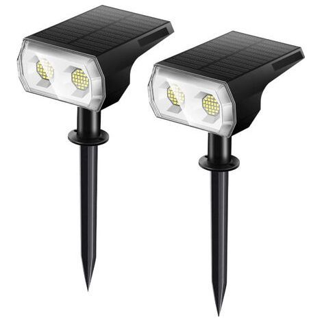 Juego de dos focos solares para exteriores, luces solares LED impermeables IP67, focos solares (blancos) para iluminación cálida en jardines, patios, pasillos y caminos. (1/4)