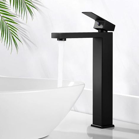 Rubinetto da bagno nero, miscelatore per lavabo alto BOOXELY, miscelatore monocomando per acqua calda e fredda, rubinetto moderno da appoggio per lavabo, con tubi flessibili per acqua calda e fredda. (1/5)