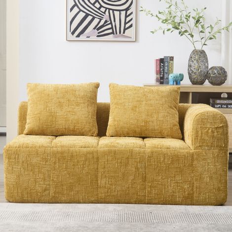 Canapé confortable 2 places, aucun montage requis, canapé moelleux avec un coussin, poches latérales pour télécommande et téléphone, propre et élégant, jaune (1/5)