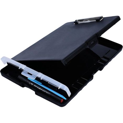 Caja organizadora para carpetas, Caja de plástico de perfil bajo con portalápices, Organizador con apertura lateral, Color negro (1/5)