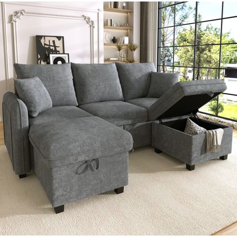 Divano angolare U 188/186 cm in grigio scuro con contenitore e funzione letto (1/5)