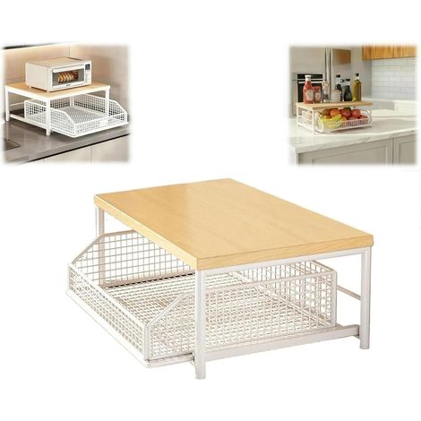 Étagère Micro-Ondes Cuisine Rangement, Support Micro Onde avec Tiroir Coulissant et Panier, pour Comptoir de Cuisine, Coin Café Petits Espaces, Design Compact Gain Place, Bois Métal (Blanc) Blanc - (1/5)