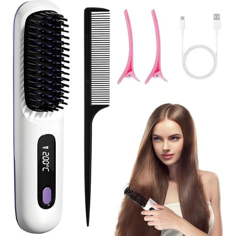 Brosse Lissante Portable, Brosse Sans Fil, À Lisser, Lisseur Cheveux 160-200℃ affichage LED 3 niveaux de température, Voyage Domicile (1/4)