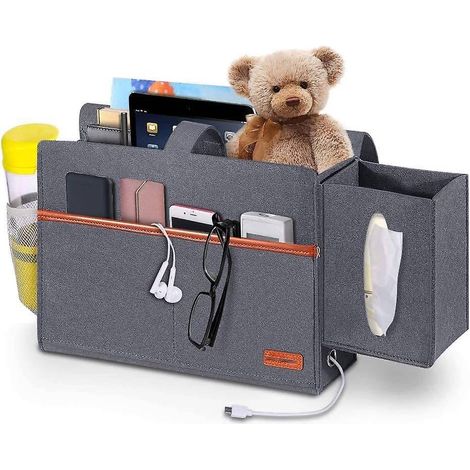 organiseur De Chevet - Gris Fonc (organiseur Uniquement) ,112030cm , Organisateur De Chevet Avec Bote Mouchoirs Pour Tlcommandes, Tablettes, Cb (1/5)