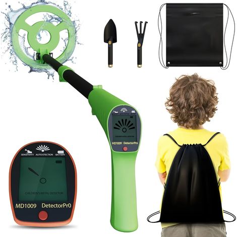 Détecteur de métaux pour enfants LZQ vert – Chasseur de trésors réglable avec disque de recherche étanche de 16,5 cm, écran LCD, signal sonore, pelle et étui de transport (1/5)