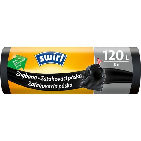 Sacs poubelle Swirl, extra résistants, a lien coulissant, noirs, 120 L, paquet de 8 pieces