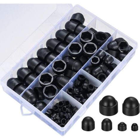 145 Pièces Cache Boulons Capuchon à Vis, Plastique Écrous Dôme, Ecrou Protection Hexagonal, Boulons Capuchon Écrou de Boulons Noir pour Machines Meubles Véhicules - M4/M5/M6/M8/M10/M12 (Noir) (1/5)