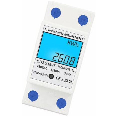 Compteur d'énergie électrique numérique monophasé sur rail DIN, compteur électrique multifonction pour fil uniphasé ou biphasé, blanc avec rétroéclairage (1/5)