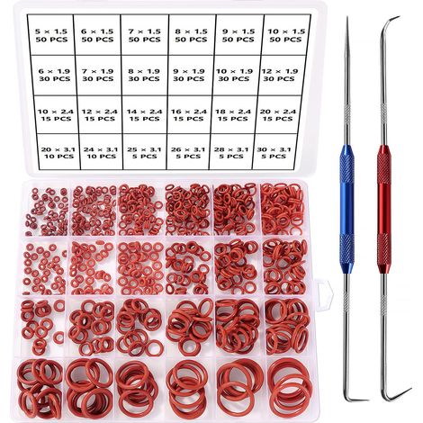 610 Pièces 24 Tailles Joint Torique Rouge Kit D'assortiment, Joints Toriques Métriques en Silicone, avec Double Tête Pics et Crochets, pour Robinet, Véhicule Climatisation, Electroménagers (1/5)