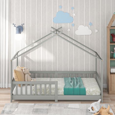 Lit enfant en bois massif avec barrière de sécurité et sommier à lattes, gris (200x90 cm), idéal pour chambre d'enfant et adolescent, protection anti-chute