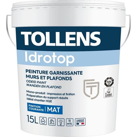 Tollens – Peinture acrylique blanche mat pour murs et plafonds – Conditionnement 15 litres – Fort pouvoir couvrant – Lavable et entretien facile