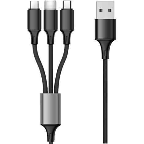 royaluxe -Câble téléreport Câble Multi USB, 3 en 1 Multi Chargeur USB Câble en Nylon Tressé Charge Rapide - 1.2M, noir