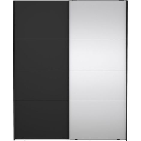 Catania Kleiderschrank 221x179x65cm, 1 Schiebetür, 1 Schiebetür mit Spiegel matt schwarz. (1/5)