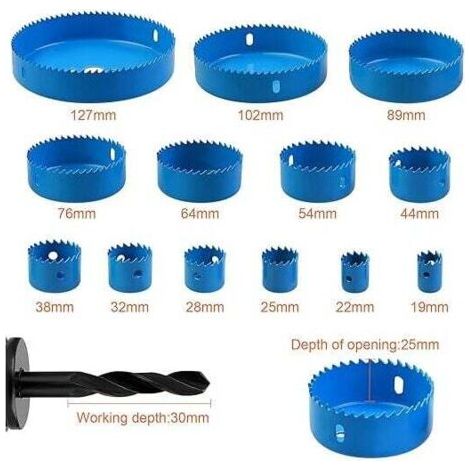 Jeu de 17 scies cloches bimétalliques en acier au carbone, jeu de scies cloches 19-127 mm, avec boîte à outils, convient pour le bois, les plaques de plâtre et les plaques de plâtre bleues, profondeur (1/3)