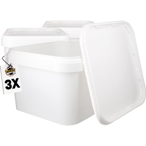 3 seaux en plastique avec couvercle, PP, rectangulaire, blanc, qualité alimentaire 3,5 L
