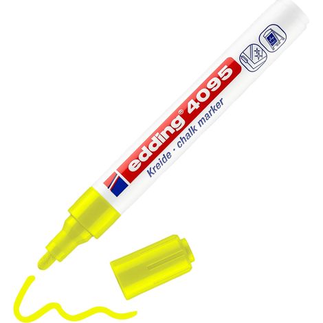 edding 4095 Marcatore a Gesso Liquido, Giallo Fluo, 1 Pennarello, Punta a Scalpello 2-3 Mm, Punta Larga per Lavagne, Finestre, Vetri, Specchi, per Una Copertura Opaca (1/5)