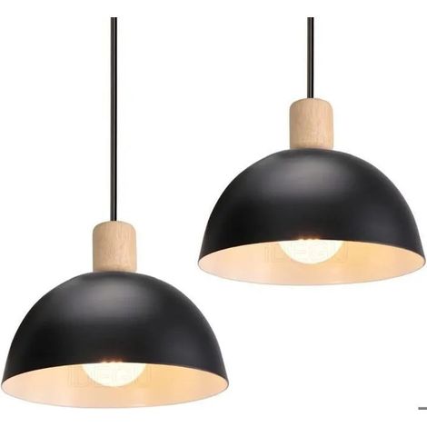Lot de 2 Lustre Suspension Rétro Suspension Luminaire Moderne Style Demi-Cercle Plafonnier E27 en Bois Métal Noir, Ø 20CM (1/5)