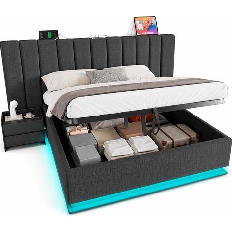 Lit coffre 180x200 avec LED 360°, 3 USB et port USB-C 20 W, sommier et relevage hydraulique, tissu gris, charge 300 kg, sans matelas ni chevet  CHICFURN (1/5)