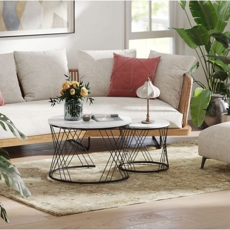Table basse gigogne ronde 70x70x46,5 cm bois blanc effet marbre, gain de place salon FloraGrace (1/5)