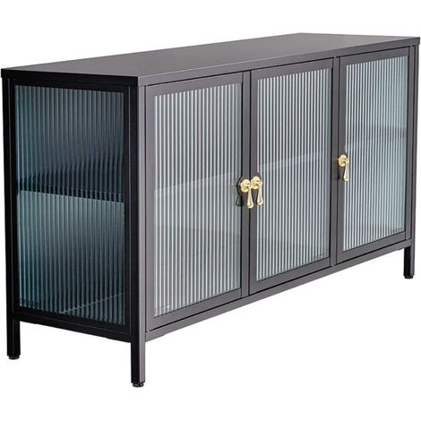 Buffet BRITTON 105 cm en verre trempé et métal – 3 portes vitrées, coloris noir et poignées dorées (1/5)