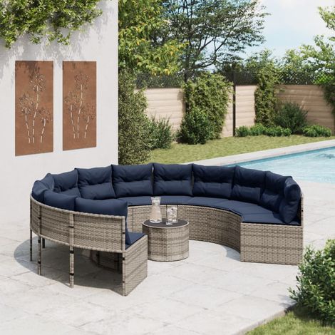 vidaXL Canapé de jardin et table et coussins rond gris résine tressée (1/5)