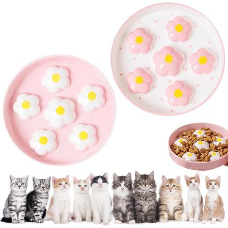 Lot de 2 gamelles anti-glouton en céramique pour chat - Gamelles anti-glouton - Gamelles pour chat - Pour toutes les tailles de chats - 16 x 16 cm - Rose + blanc (1/5)