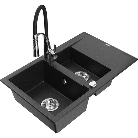 Mexen Gaspar lavello in granito 1,5 camere con sgocciolatoio e rubinetto cucina Aster, nero/argento metallizzato (1/5)