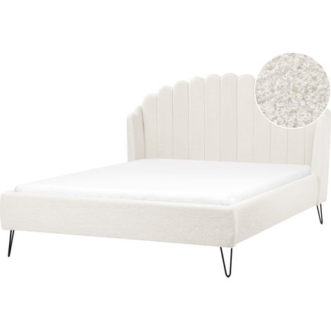 Cama con somier de bouclé patas de metal 160 x 200 cm cabecero blanco crema Ambillou