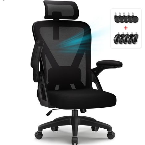 Sedia Ufficio, Sedia Ergonomica con Rotelle, Braccioli Pieghevoli e Supporto Lombare, Sedia Scrivania con Poggiatesta Regolabile, Ruote Silenziose Aggiuntive