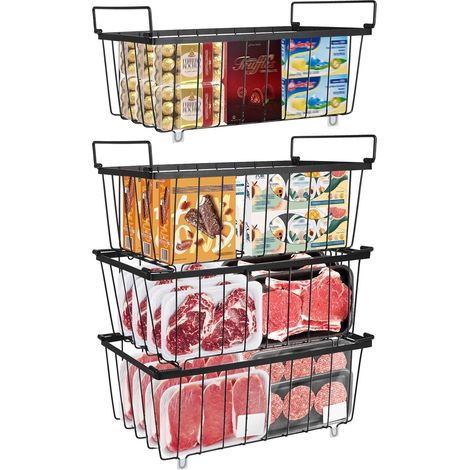 Pièces D'ingrédients Congélateur Organisateur Avec Poignées Panier de Rangement Empilable en Métal Pour Armoire de Chambre à Coucher Réfrigérateur Congélateur Boîtes de Rangement Portables(Noir) (1/5)