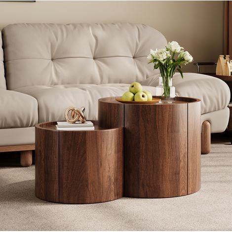 MODFU – Table basse ronde 77,5x47,5 cm – Rangement et tiroirs – Portes incurvées et charnières silencieuses – Salon – Noyer (1/5)