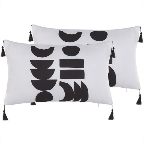 Conjunto de 2 cojines de poliéster blanco negro patrón geométrico borlas decorativas 30 x 50 cm Liriope